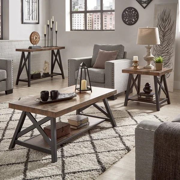Bryson Rustic X-Base Accent Tables by Inspire Q Classic Brown Cocktail Table, End Table, and Sofa Table Wood Finish 782359615240