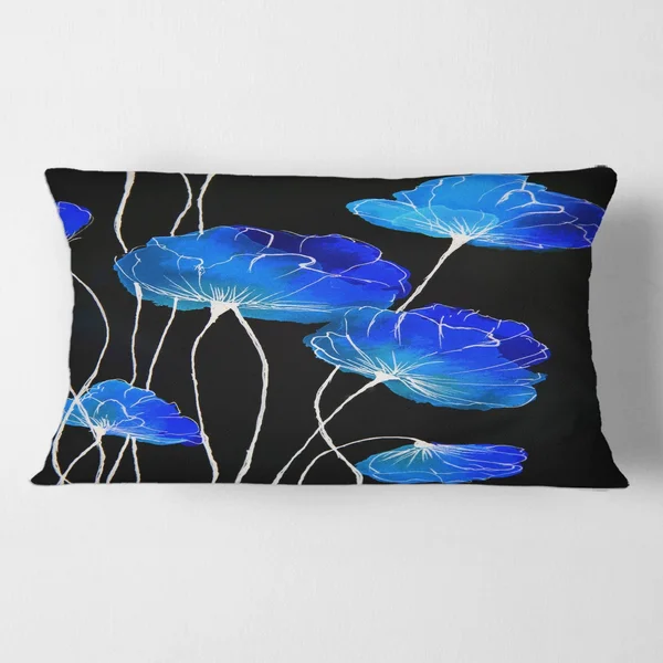 Designart 'Detail of Blue Flowers on Black II' Traditional Printed Throw Pillow - 12 x 20