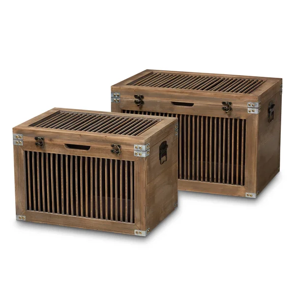 Baxton Studio Clement Rustic Transitional Medium Oak Finished 2-Piece Wood Spindle Storage Trunk Set