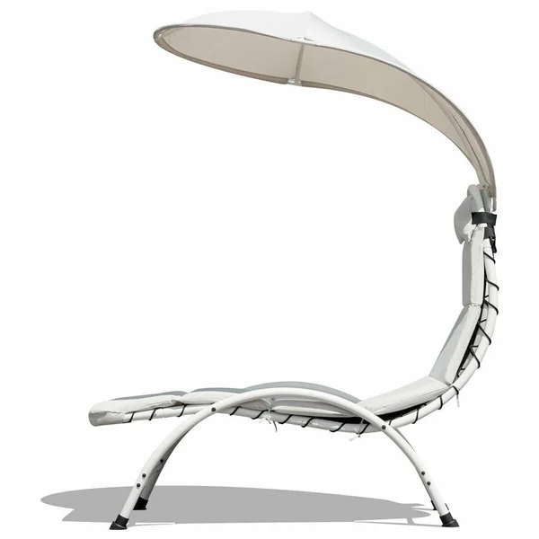 Gymax Hanging Chaise Lounger Chair Arc Stand Porch Swing Hammock Chair w/ Canopy Khaki, Beige
