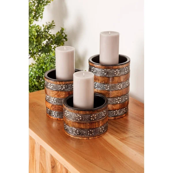 Decmode Traditional 4 - 6, and 8 inch Cylindrical Candle Holders - Set of 3, Brown
