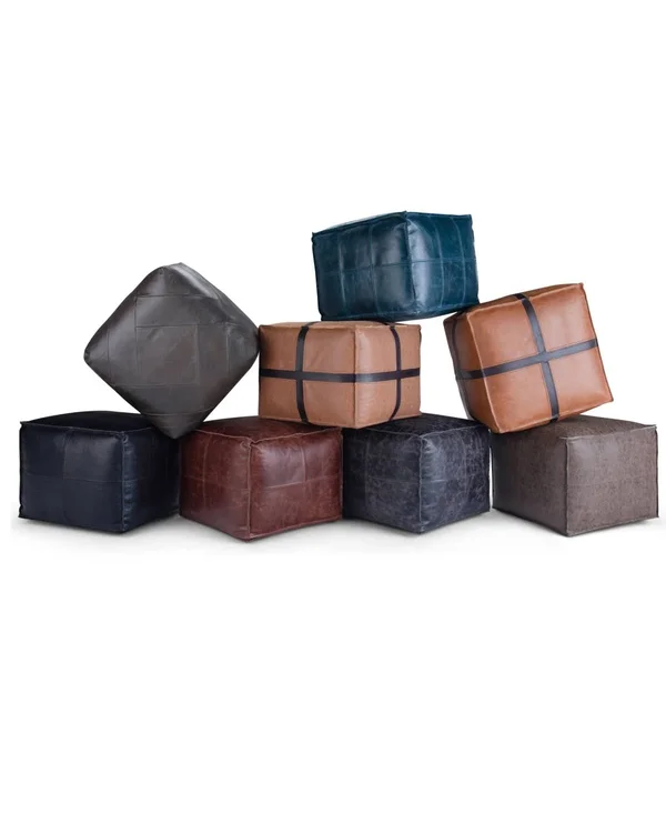 Simpli Home Manning Leather Square Pouf in Teal
