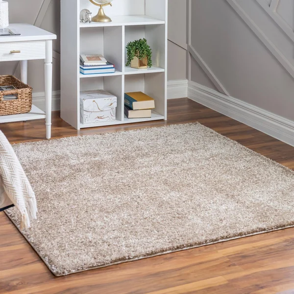 Soft Solid Shag Khaki 5 ft Square Area Rug