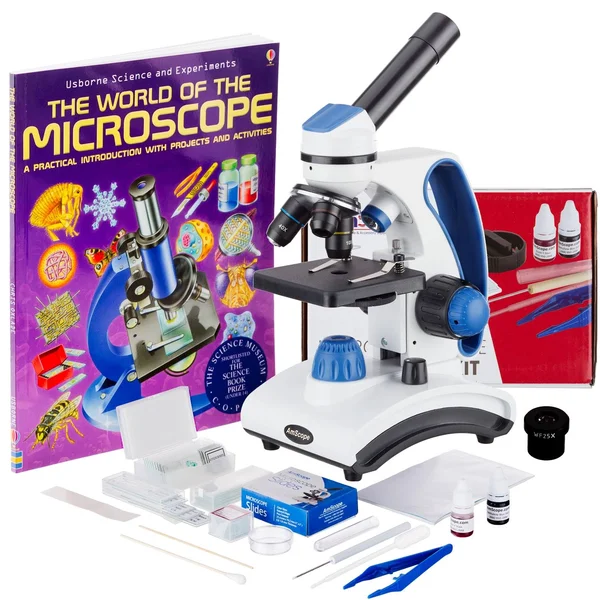 Amscope 40X-1000X Dual Light Glass Lens Metal Frame Student Microscope + Slides