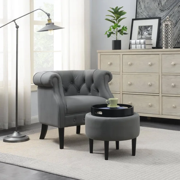 Global Pronex Accent Chair and Storage Ottoman Set - Armchair and Footrest for Living Room Bedroom Home Office, Grey