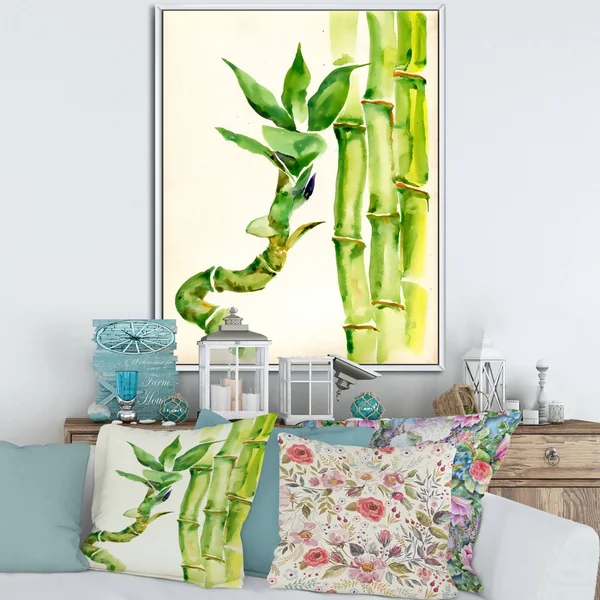 Designart 'Bamboo Branches in The Forest VI' Tropical Framed Canvas Wall Art Print - 16 in. Wide x 32 in. High - White