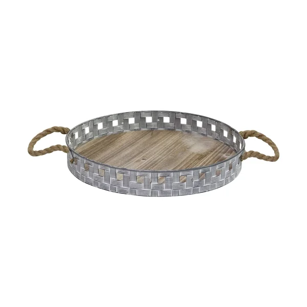 HomeRoots 16x22 Rustic Round Grey Wash Metal and Wood Tray