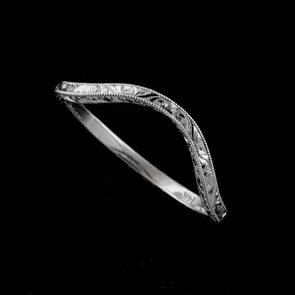 Deep Curved Ring - Vintage Style Wedding Ring, Contour Wedding Band, Engraved Thin Band, Delicate 1.6mm 14K Gold Nickel Free Gold