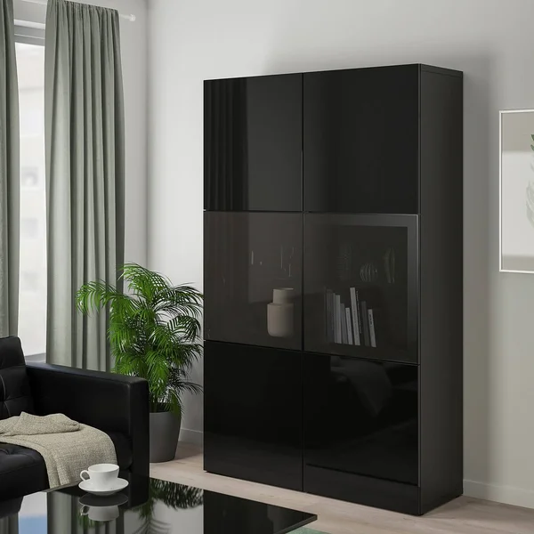 IKEA - BESTÅ Storage Combination w/Glass Doors - Black-brown/Selsviken High Gloss/Black Smoked Glass, 47 1/4x16 1/2x76