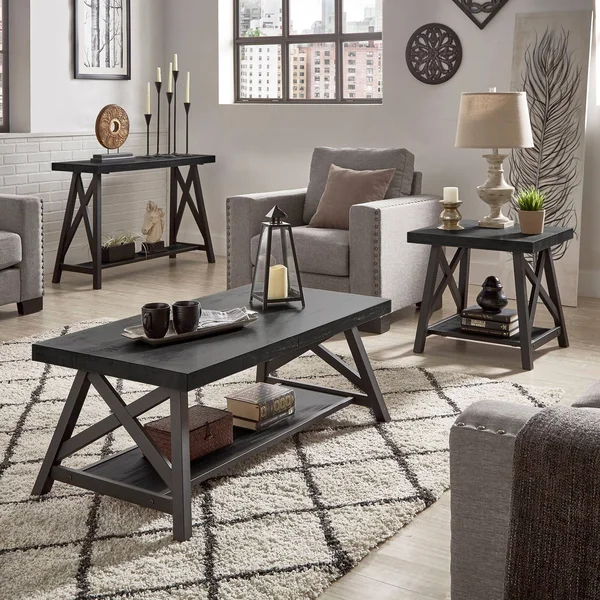 Bryson Rustic X-Base Accent Tables by Inspire Q Classic Brown Cocktail Table, End Table, and Sofa Table Wood Finish 782359615240