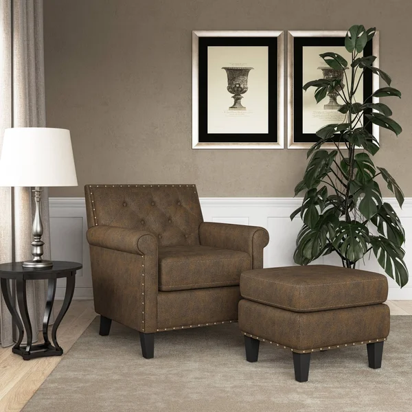 Gracewood Hollow Grantley Button Tufted Rolled Arm Chair and Ottoman - Saddle Brown