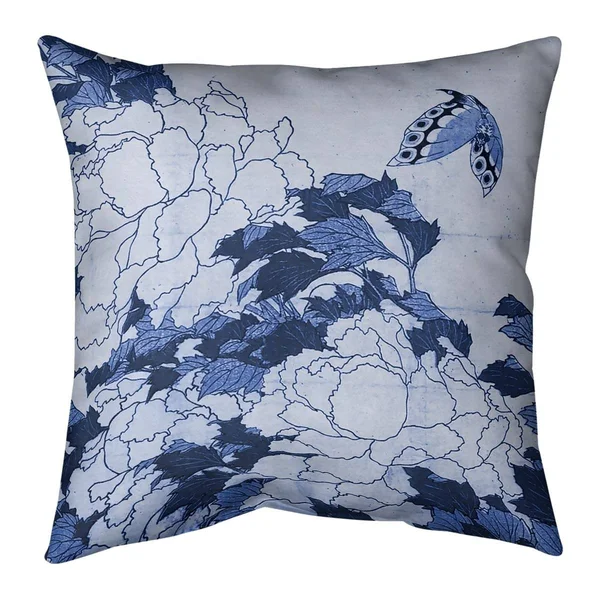 Peonies and Butterfly Indoor/Outdoor Pillow - 20 x 20 - Blue & Peach - UV Resistant
