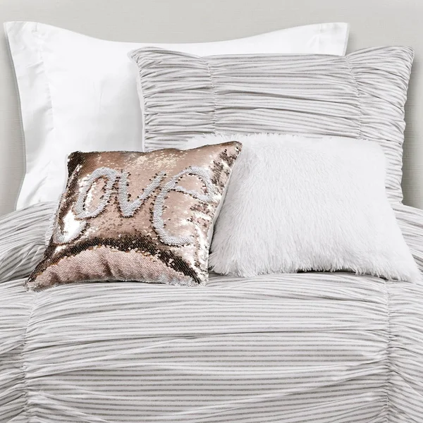 Lush Decor Ruching Ticking Stripe Comforter Gray Set Full/Queen