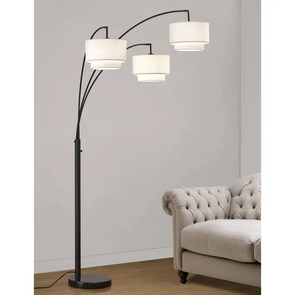 HOMEGLAM Broadway 3-Light 4-Way Switch Arch Floor Lamp Brushed Nickel/White Shades Nickel Brushed, Silver