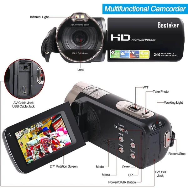 Camera Camcorders - Besteker Portable 1080p 24MP 16x Digital Zoom Video Camcorder with 2.7x22 LCD and 270 Degree Rotation Screen