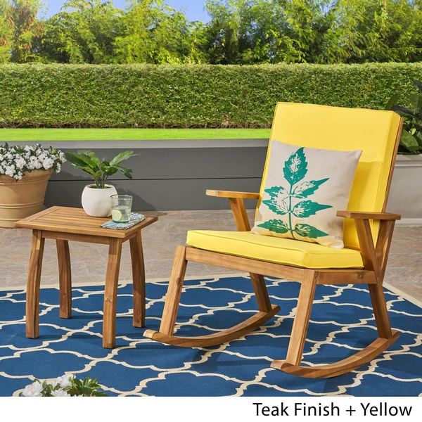 Champlain Outdoor Acacia Wood Rocking Chair and Side Table by Christopher Knight Home - Teak Finish + Yellow
