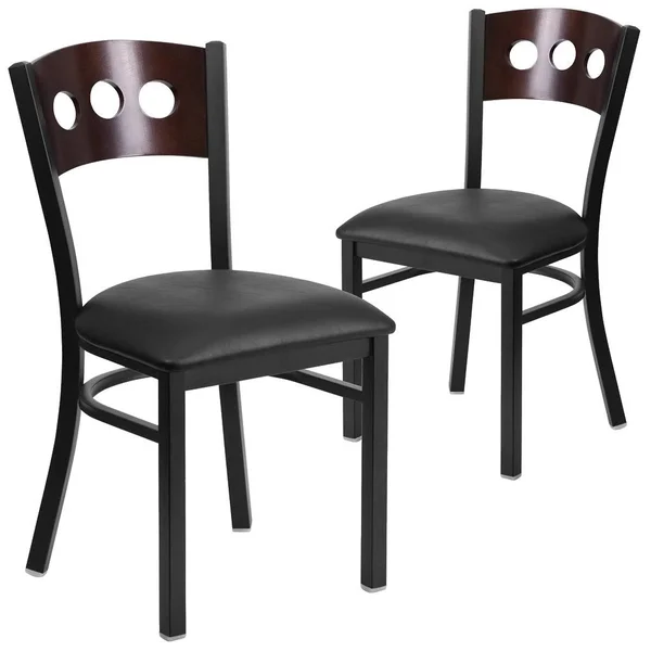 Flash Furniture 2 Pk. Hercules Series Black Decorative 3 Circle Back Metal Restaurant Chair - Walnut Wood BACK, Black Vinyl Seat