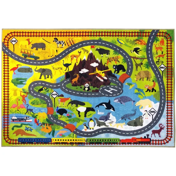 KC Cubs Playtime Collection Animal Safari Road Map Educational Learning and Game Area Rug Carpet for Kids and Children Bedrooms