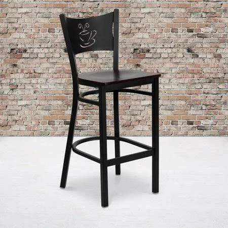 Flash Furniture 2 Pk. Hercules Series Black Coffee Back Metal Restaurant Barstool - Mahogany Wood Seat
