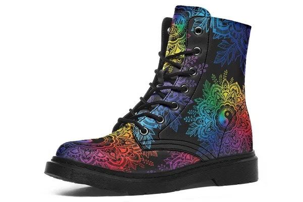 Colorful Yin Yang Boots - Black Mandala Vegan Boots, YesWeVibe Men's Boots, Black Sole, US 12, EU46