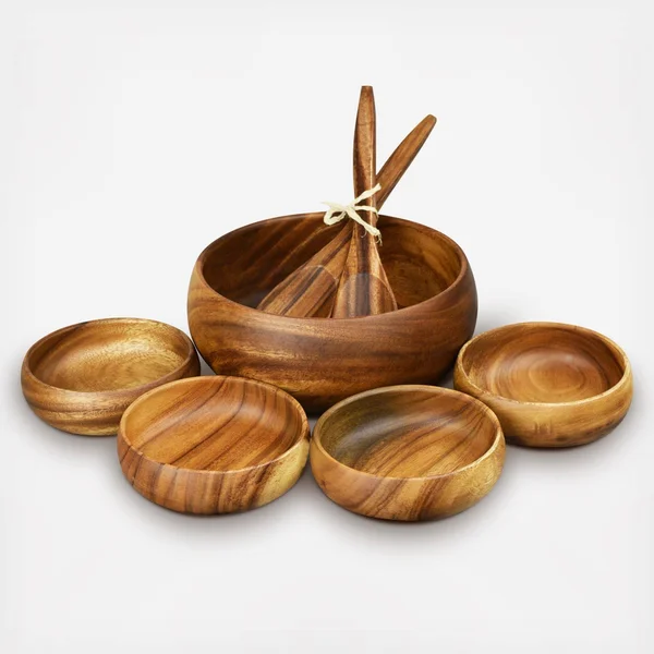 Acaciaware 7-Piece Round 10x22 x 4x22 Salad Bowl Set with Four 6x22 x 2x22 Salad Bowls and Servers