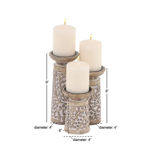 The Curated Nomad Buckroe 3-Piece Rustic Mango Wood Flourish-Patterned Candle Holder Set