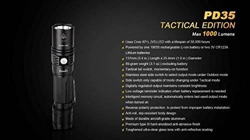 Fenix PD35 Tac 1000 Lumen Cree LED Tactical Flashlight AR102 Pressure Switch with Two EdisonBright CR123A Lithium Batteries