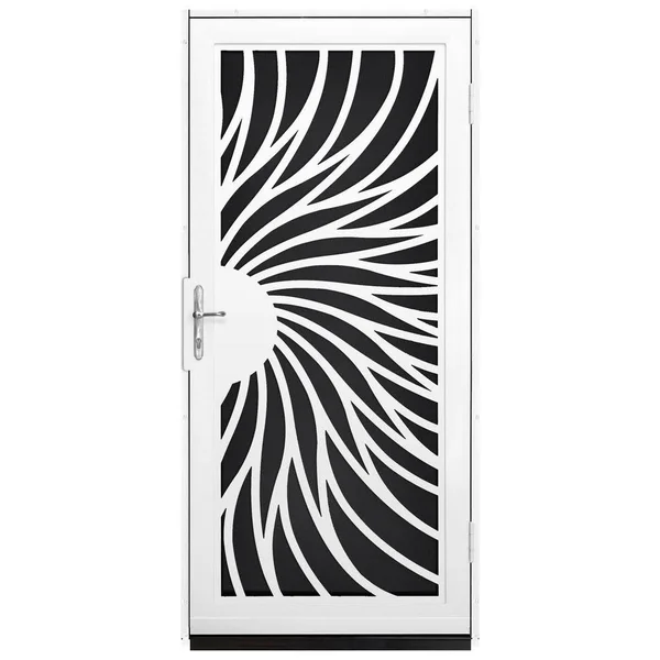 Unique Home Designs 36 in. x 80 in. Solstice White Surface Mount Steel Security Door with Black Perforated Screen and Nickel Har