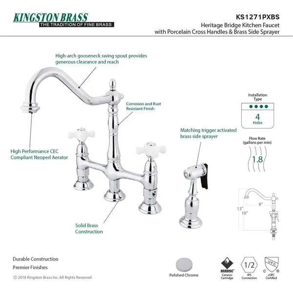 Kingston Brass KS1276PXBS Heritage Bridge Kitchen Faucet with Brass Sprayer, Polished Nickel