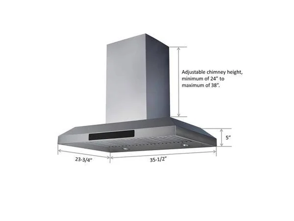 Awoco 36” Island Mount 43”h Stainless Steel Range Hood 4 Speeds - 6” Round Top Vent 900CFM 4 LED Lights & Remote Control (RH