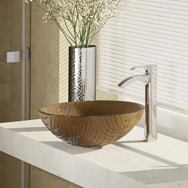 Rene R5-5025-R9-7006 16-5/8x22 Glass Vessel Bathroom Sink with Vessel Faucet Sink Beach Sand, Chrome