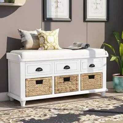 Rustic Storage Bench with 3 Drawers and 3 Rattan Baskets, Shoe Bench with Removable Cushion for Living Room, Entryway August Gro