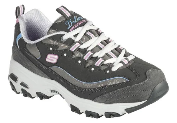 Women's Skechers 149060 D&Lites Sparkling Rain Sneakers in Charcoal/Pink Size 7 Wide