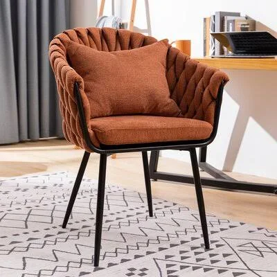 Mid Century Modern Comfy Woven Linen Fabric Armchair Dining Chair with Metal Legs & Pillow - Single Sofa Side Upholstered Acc