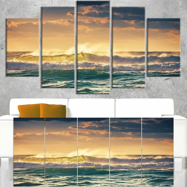 Designart 'Sunrise and Shining Waves in Ocean' 4 Piece Wall Art on Wrapped Canvas Set