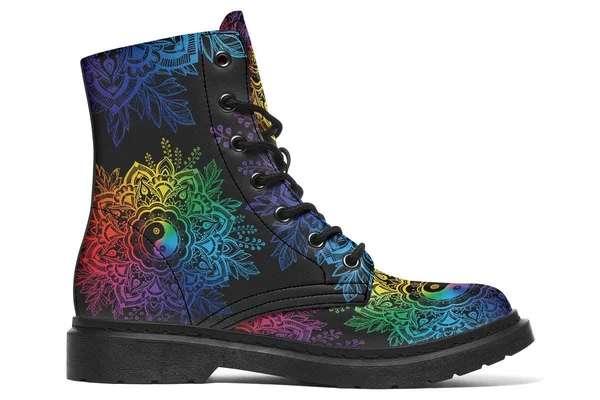 Colorful Yin Yang Boots - Black Mandala Vegan Boots, YesWeVibe Men's Boots, Black Sole, US 12, EU46