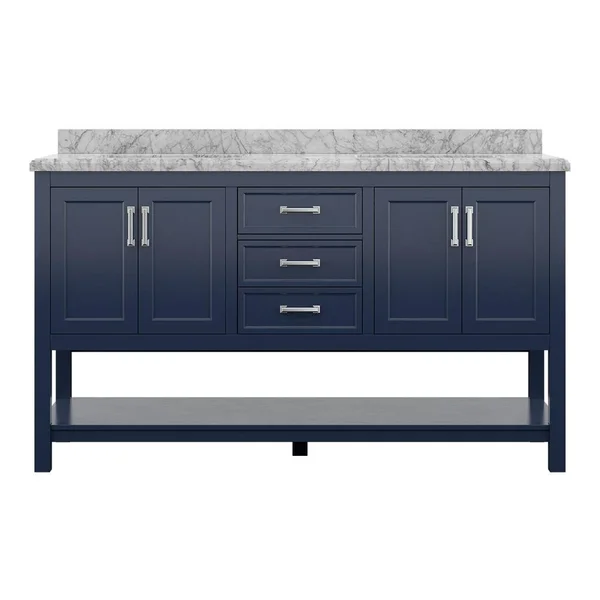 Home Decorators Collection Everett 61 in. W x 22 in. D Vanity Cabinet in Aegean Blue with Carrara Marble Vanity Top in White wit