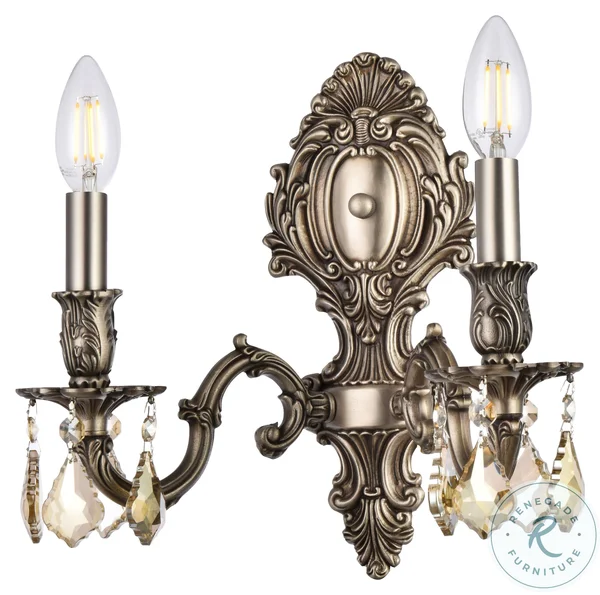 Elegant Lighting 9602W10PW-GT/RC Monarch 2 Light Pewter Wall Sconce Golden Teak (Smoky) Royal Cut Crystal