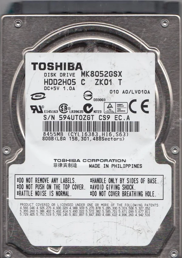 MK8052GSX - A0/LV010A, HDD2H05 C ZK01 T, Toshiba 80GB SATA 2.5 Hard Drive