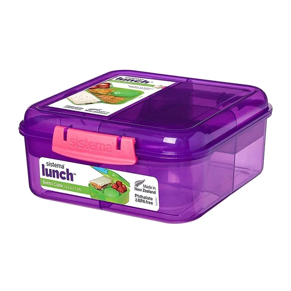 Sistema Lunch Collection Bento Cube - Solid Assorted Colors with Contrasting Klips, 7.28 x 6.61 x 3.03