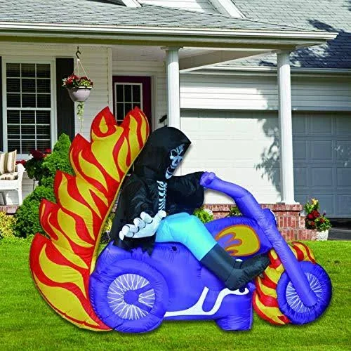 GOOSH Outdoor Halloween Decorations Blow Up Yard Outdoor Decorations Grim Reaper on Motorcycle 6ft Long Halloween Inflatables Cl