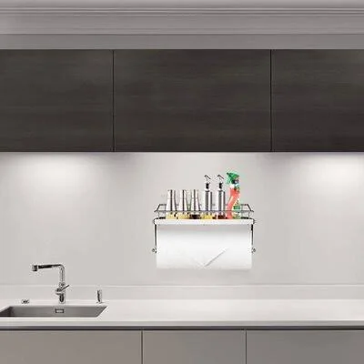 Paper Towel Holder Shelf, Wall Mounted Paper Towel Roll Rack Basket for Kitchen, Shower Bathroom & Balcony, Rustproof, No Drilli