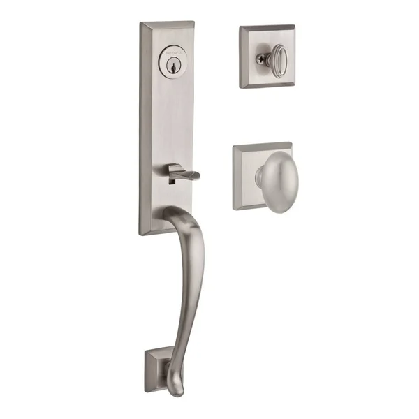 Baldwin Del Mar Single Cylinder Handleset with Ellipse Door Knob and Traditional Square Rose - Satin Nickel