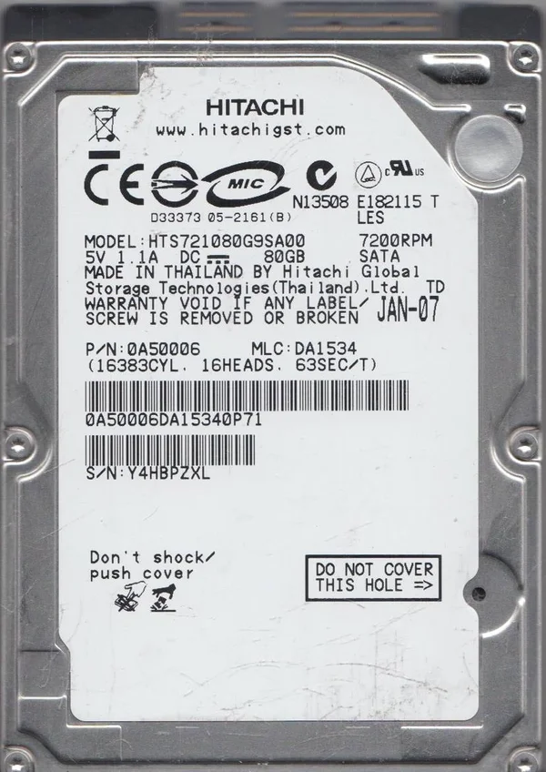 HTS721080G9SA00 - PN 0A50006, MLC DA1534, Hitachi 80GB SATA 2.5 Hard Drive