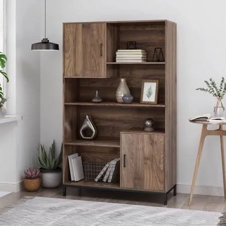 Noble House Lumiere Contemporary Faux Wood Cube Unit Bookcase, Walnut and Black, Brown