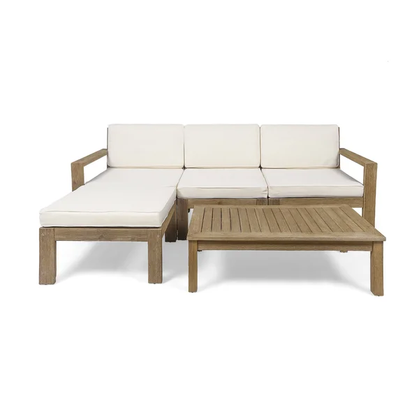 Isabella Ana Outdoor 3 Seater Acacia Wood Sofa Sectional with Cushions (Wire Brushed Light Gray Wash - Dark Teal)