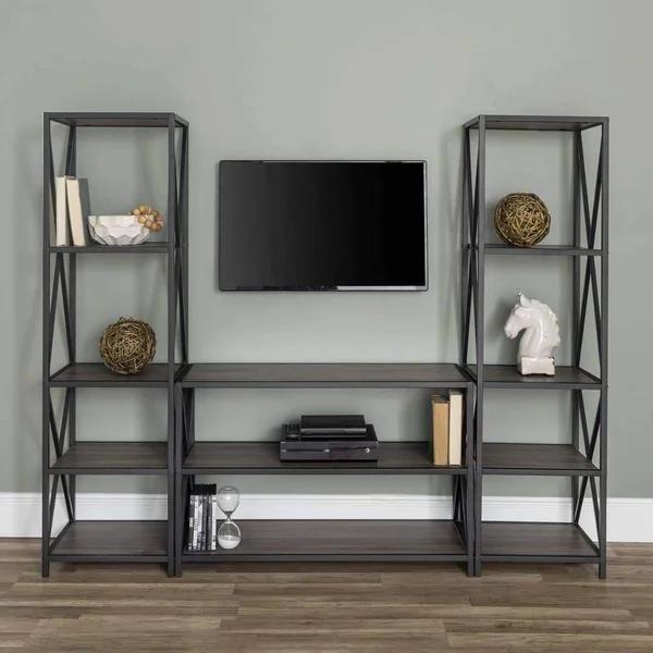 Walker Edison 3-Piece Storage Wall w/ 40x22 X-Console - Slate Grey/Black Metal