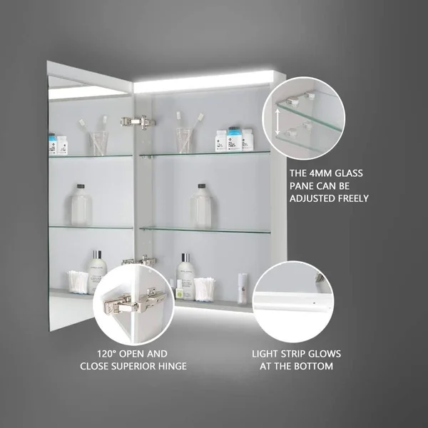 24''x 30''LED Bathroom Medicine Cabinet with Mirror - Intelligent Switch, Aluminum Frame, Surface Mounting only.(Door Left Open)