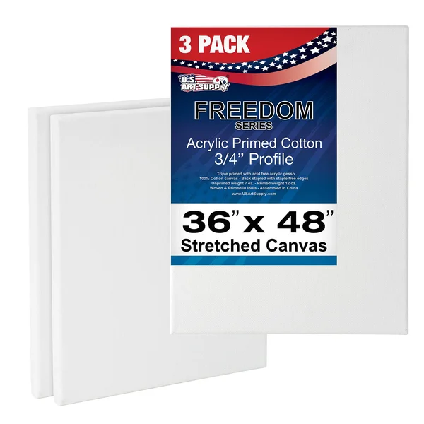 U.S. Art Supply 36 x 48 inch Stretched Canvas 12-Ounce Primed 3-Pack - Professional White Blank 3/4x22 Profile Heavy-Weight Gess