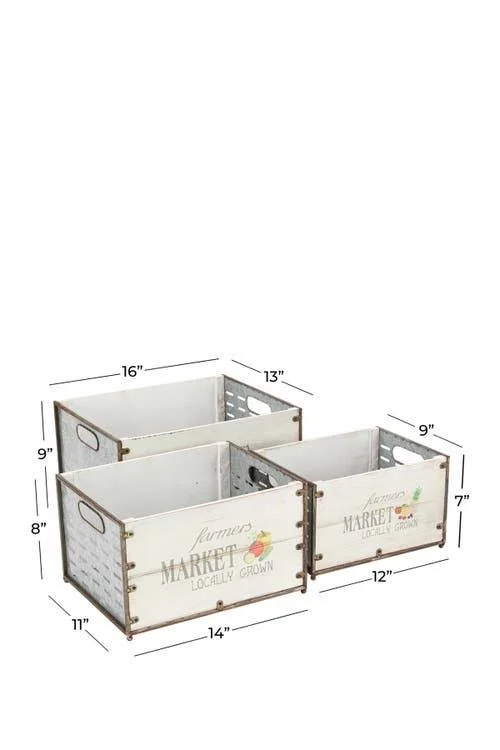 Set of 3 Fir Wood and Iron Market Crate Planters - White